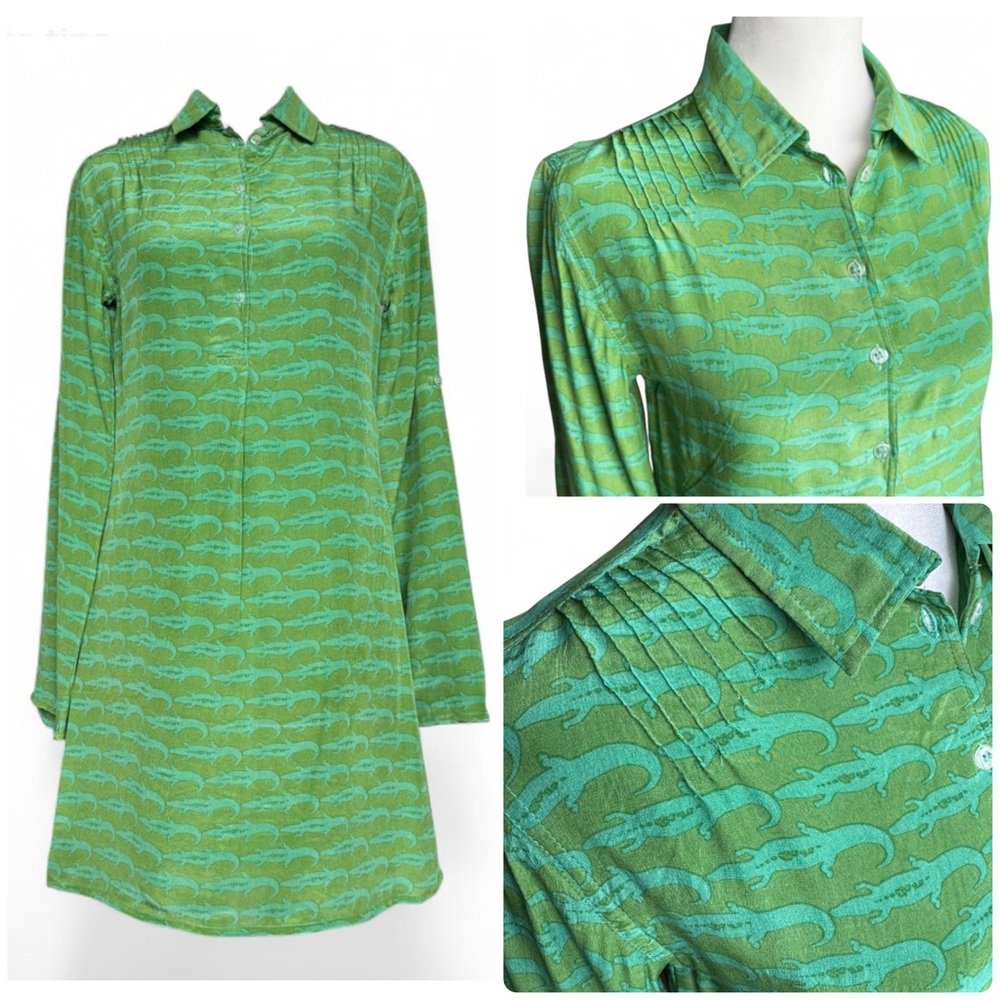 Alligator Print Silk Dress Sheridan French Kelly Green Sz 4 Luxury Resort‎ Wear